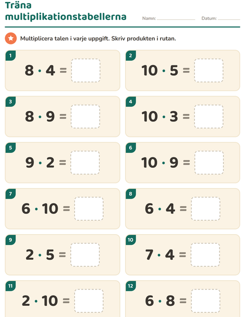 Förhandsvisning av Multiplikationstabeller-arbetsblad för Årskurs 3