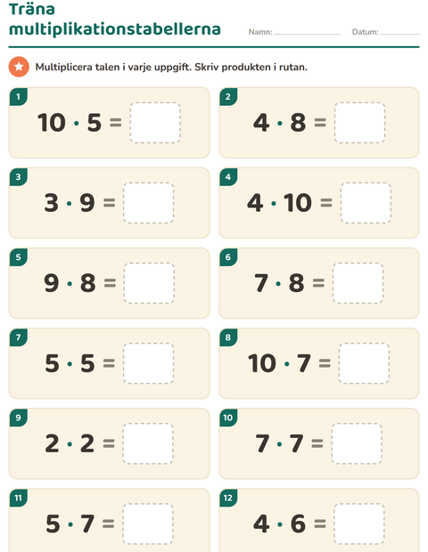 Förhandsvisning av Multiplikationstabeller-arbetsblad för Årskurs 3