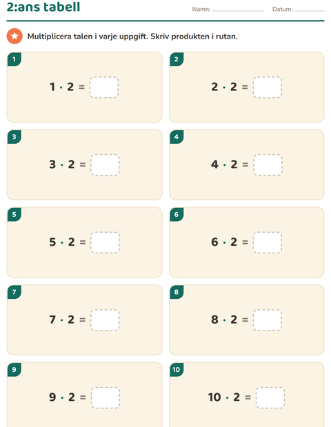 Förhandsvisning av 2:ans tabell – dubblornas tabell