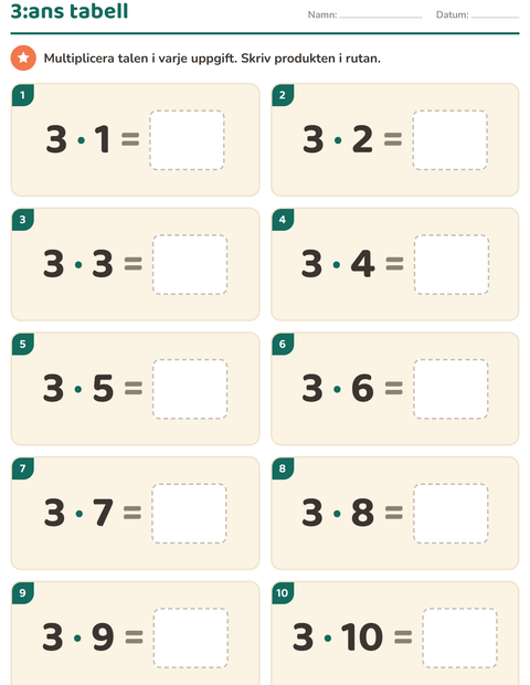 Förhandsvisning av Multiplikationstabeller-arbetsblad för Årskurs 3