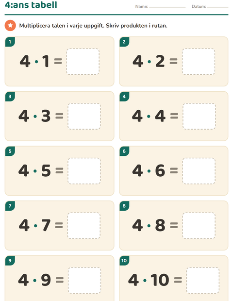 Förhandsvisning av Multiplikationstabeller-arbetsblad för Årskurs 3
