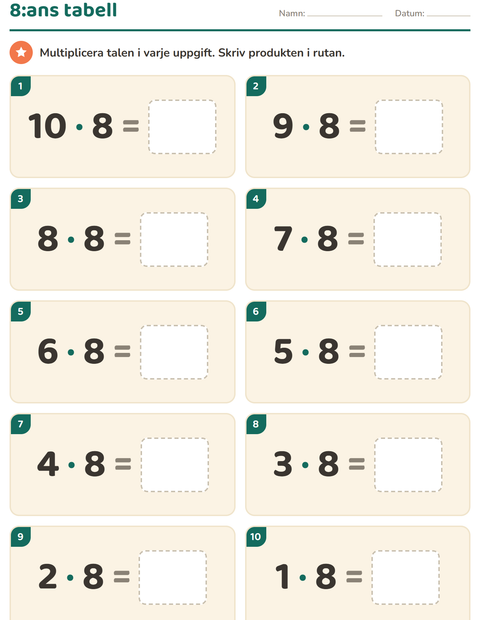 Förhandsvisning av Multiplikationstabeller-arbetsblad för Årskurs 3