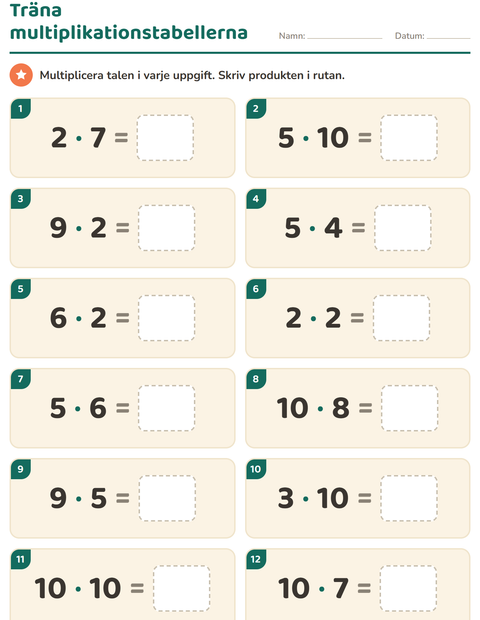 Förhandsvisning av Multiplikationstabeller-arbetsblad för Årskurs 3