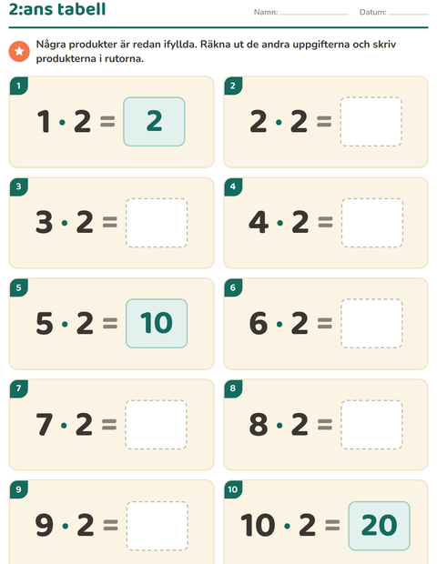 Förhandsvisning av Multiplikationstabeller-arbetsblad för Årskurs 3