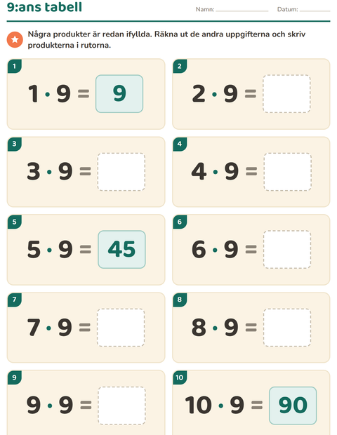 Förhandsvisning av Multiplikationstabeller-arbetsblad för Årskurs 3