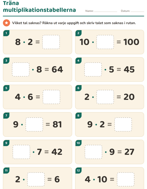 Förhandsvisning av Multiplikationstabeller-arbetsblad för Årskurs 3