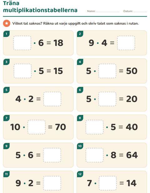 Förhandsvisning av Multiplikationstabeller-arbetsblad för Årskurs 3