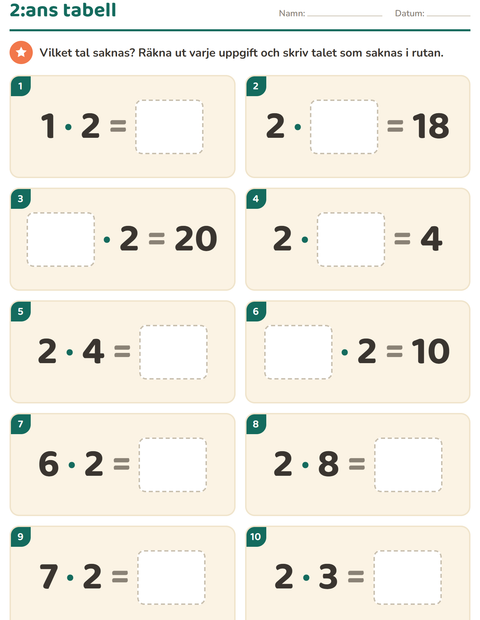Förhandsvisning av Multiplikationstabeller-arbetsblad för Årskurs 3