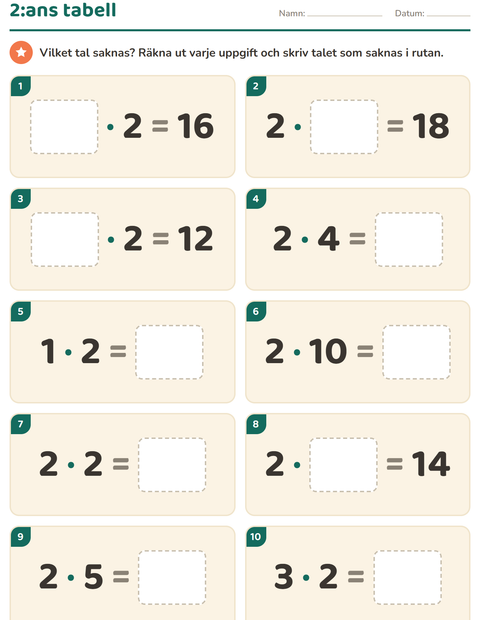 Förhandsvisning av Multiplikationstabeller-arbetsblad för Årskurs 3