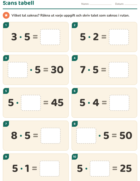 Förhandsvisning av Multiplikationstabeller-arbetsblad för Årskurs 3