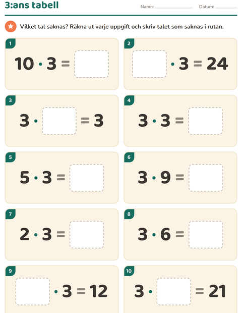 Förhandsvisning av Multiplikationstabeller-arbetsblad för Årskurs 3