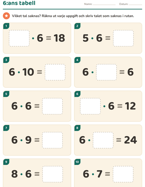 Förhandsvisning av Multiplikationstabeller-arbetsblad för Årskurs 3