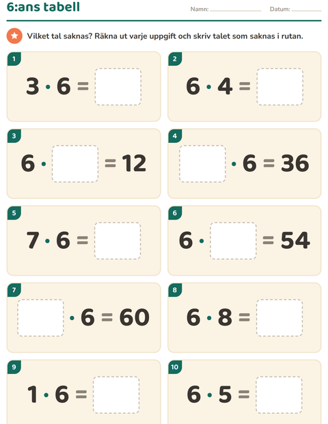 Förhandsvisning av Multiplikationstabeller-arbetsblad för Årskurs 3