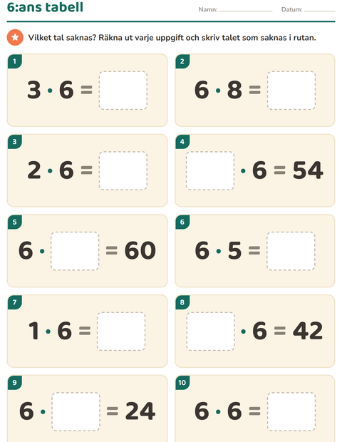 Förhandsvisning av Multiplikationstabeller-arbetsblad för Årskurs 3