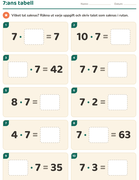Förhandsvisning av Multiplikationstabeller-arbetsblad för Årskurs 3