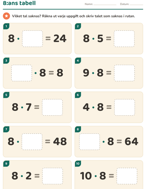 Förhandsvisning av Multiplikationstabeller-arbetsblad för Årskurs 3