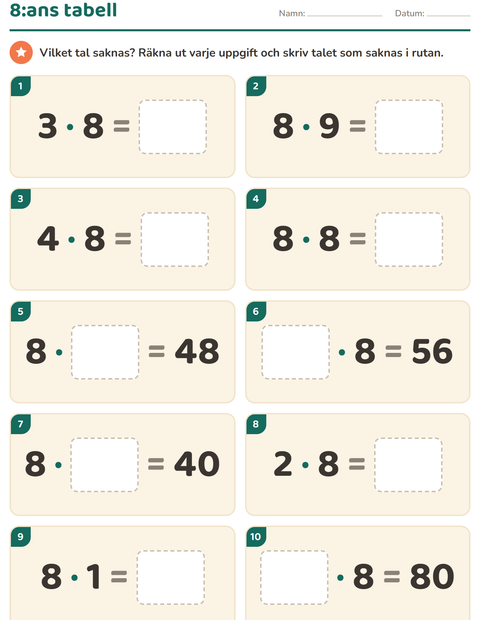 Förhandsvisning av Multiplikationstabeller-arbetsblad för Årskurs 3