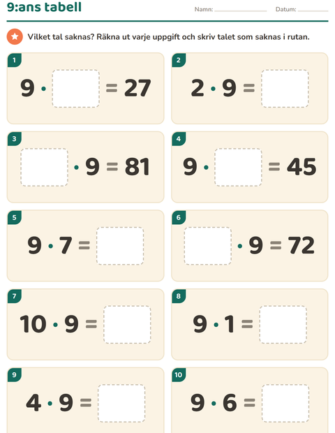Förhandsvisning av Multiplikationstabeller-arbetsblad för Årskurs 3
