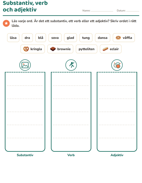 Förhandsvisning av Ordklasser-arbetsblad med Bageri för Årskurs 2