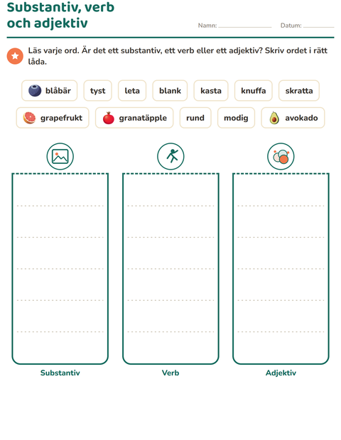 Förhandsvisning av Ordklasser-arbetsblad med Frukter för Årskurs 2