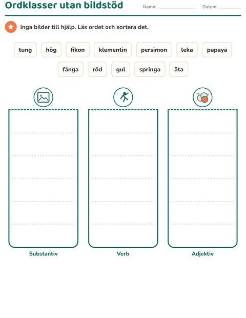 Ordklasser utan bildstöd – tolv ord och inga bilder