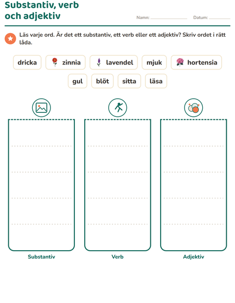 Förhandsvisning av Ordklasser-arbetsblad med Blommor för Årskurs 2
