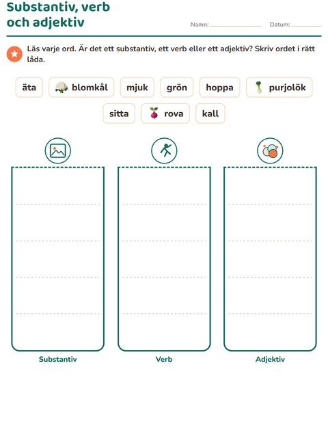 Förhandsvisning av Ordklasser-arbetsblad med Grönsaker för Årskurs 2