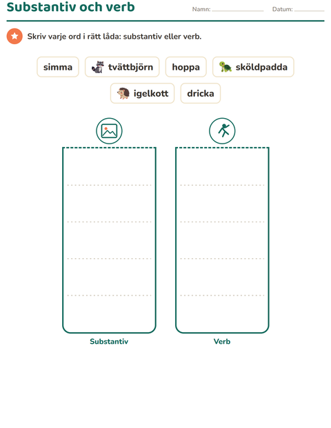 Förhandsvisning av Ordklasser-arbetsblad med Skogsdjur för Årskurs 1