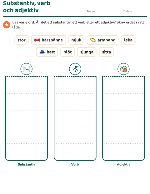 Förhandsvisning av Ordklasser-arbetsblad med Tillbehör för Årskurs 2