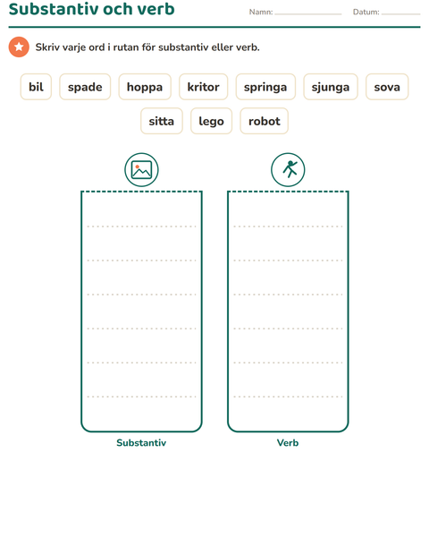 Ordklasser: substantiv och verb – två lådor att sortera i