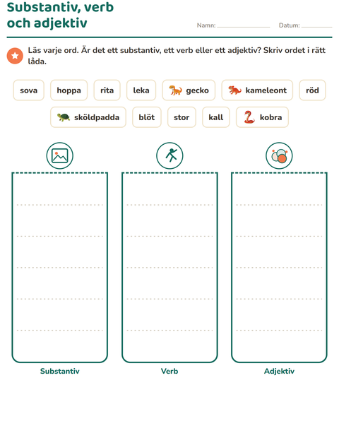 Förhandsvisning av Ordklasser-arbetsblad med Reptiler och groddjur för Årskurs 2