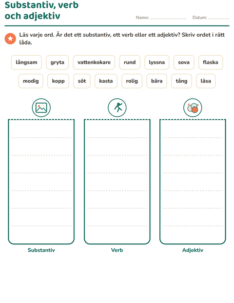 Förhandsvisning av Ordklasser-arbetsblad med Köksredskap för Årskurs 2