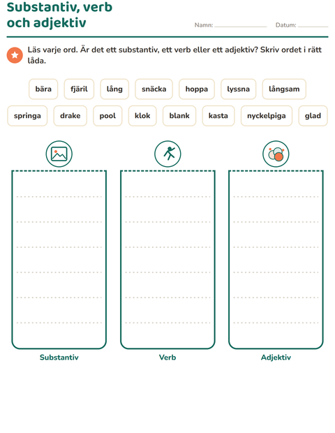 Förhandsvisning av Ordklasser-arbetsblad med Sommar för Årskurs 2