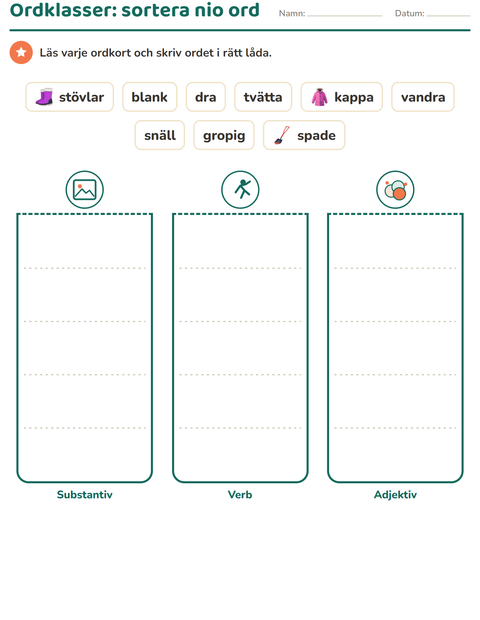 Förhandsvisning av Ordklasser-arbetsblad med Vinter för Årskurs 2