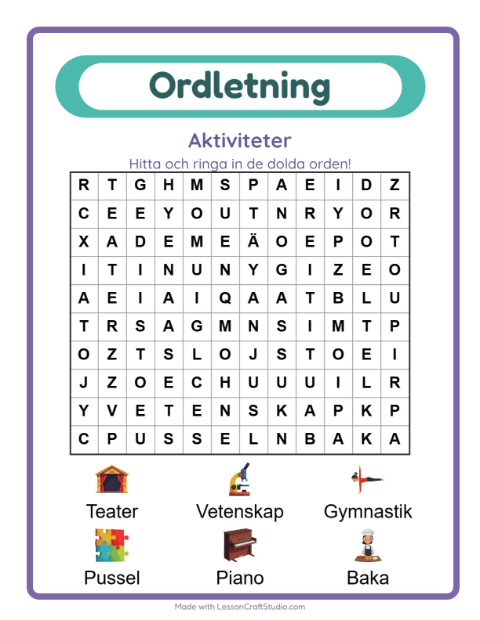 Förhandsvisning av Ordleta-arbetsblad med Aktiviteter för Årskurs 1