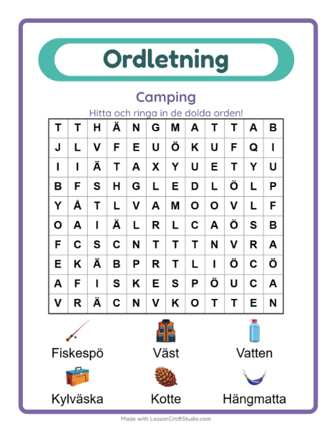 Förhandsvisning av Ordleta-arbetsblad med Camping för Årskurs 1