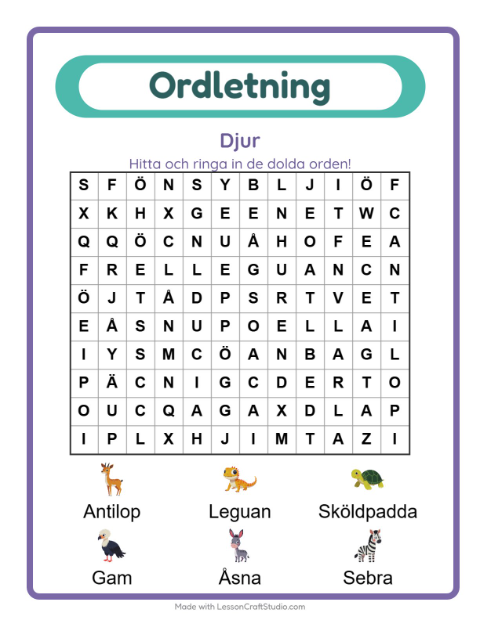 Förhandsvisning av Ordleta-arbetsblad med Djur för Årskurs 1