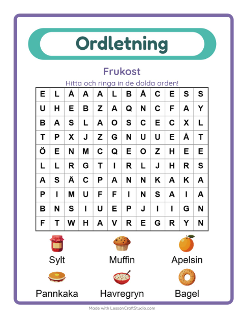 Förhandsvisning av Ordleta-arbetsblad med Frukost för Årskurs 1
