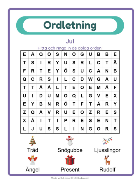 Förhandsvisning av Ordleta-arbetsblad med Jul för Årskurs 1