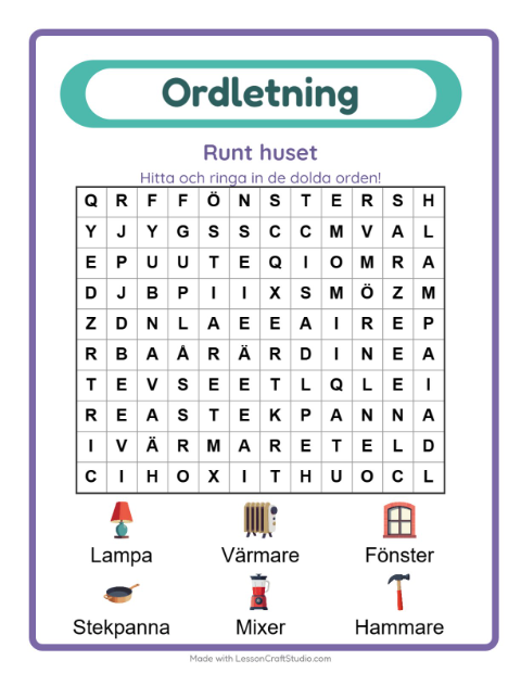 Förhandsvisning av Ordleta-arbetsblad med Runt huset för Årskurs 1