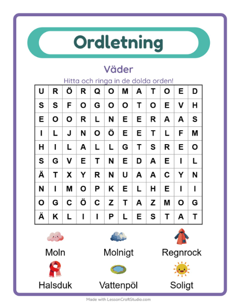 Förhandsvisning av Ordleta-arbetsblad med Väder för Årskurs 1