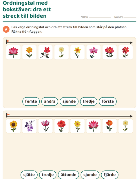 Förhandsvisning av Ordningstal-arbetsblad med Blommor för Årskurs 1