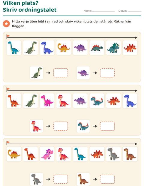 Förhandsvisning av Ordningstal-arbetsblad med Dinosaurier för Årskurs 1