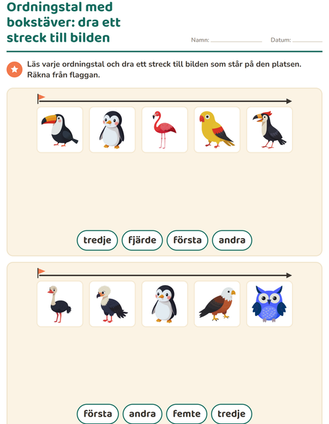 Förhandsvisning av Ordningstal-arbetsblad med Fåglar för Årskurs 1
