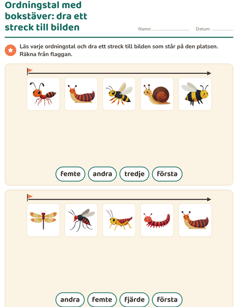 Förhandsvisning av Ordningstal-arbetsblad med Insekter och kryp för Årskurs 1