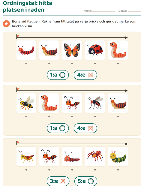 Förhandsvisning av Ordningstal-arbetsblad med Insekter och kryp för Förskoleklass