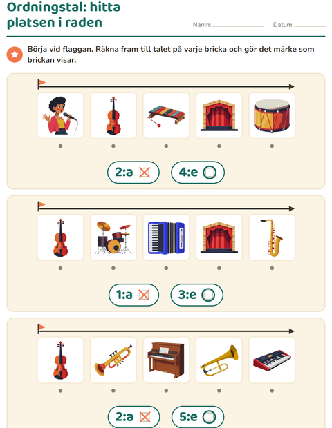 Förhandsvisning av Ordningstal-arbetsblad med Musik för Förskoleklass