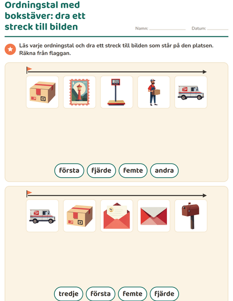 Förhandsvisning av Ordningstal-arbetsblad med Postkontor för Årskurs 1