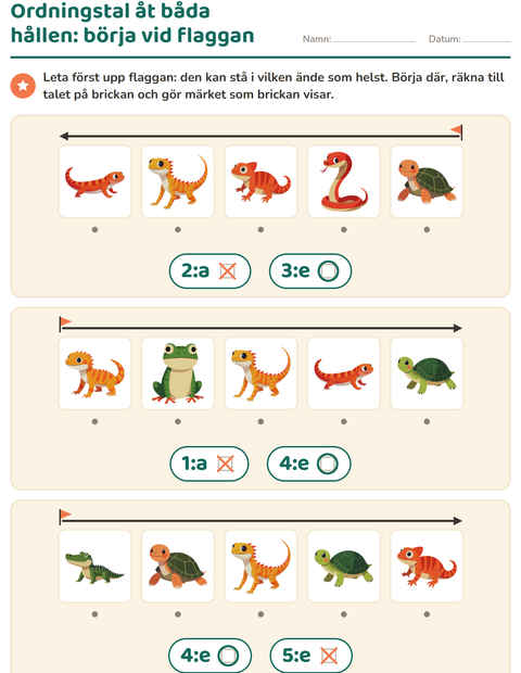 Förhandsvisning av Ordningstal-arbetsblad med Reptiler och groddjur för Förskoleklass