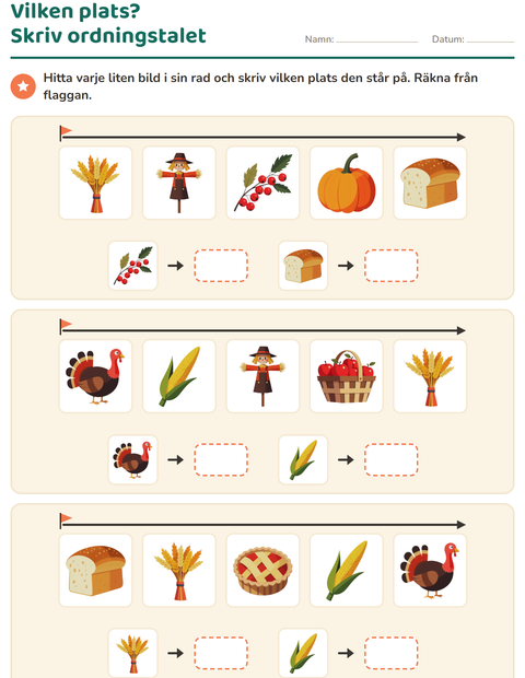 Förhandsvisning av Ordningstal-arbetsblad med Thanksgiving för Årskurs 1